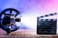 Close-up Of Movie Camera With Film Reel And Clapper Board Royalty Free Stock Photo