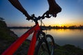 Close up of a moving bicycle from a river side