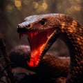 Close-up of a Mozambique spitting cobra snake with its mouth open