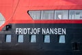 Close up of Fridtjof Nansen sign on side of ship moored at Qaqortoq, Greenland