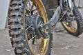 Close-up of muddy rear wheel Royalty Free Stock Photo