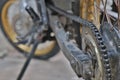 Close-up of muddy rear wheel