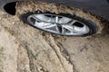 Close-up of a muddy tire on a car