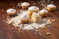 close-up of muffin crumbs scattered on a wooden table