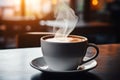 Close up mug with aromatic coffee white cup of hot aroma cappuccino espresso latte steam smoke on table morning Royalty Free Stock Photo