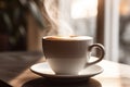 Close up mug with aromatic coffee white cup of hot aroma cappuccino espresso latte steam smoke on table morning Royalty Free Stock Photo