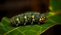 Close up of a multi colored caterpillar eating a green leaf outdoors generated by AI Royalty Free Stock Photo