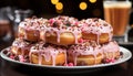 Close up of a multi colored donut with chocolate icing and sprinkles generated by AI Royalty Free Stock Photo