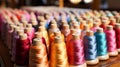 Close up multi colored Spool sewing craft thread textile indoor view Royalty Free Stock Photo