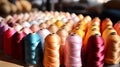 Close up multi colored Spool sewing craft thread textile indoor view Royalty Free Stock Photo