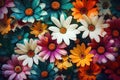 Close up of multi coloured flowers background, created using generative ai technology Royalty Free Stock Photo