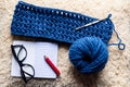 Close-up of multicolored and blue natural wool yarn balls. Royalty Free Stock Photo