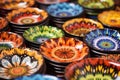 a close-up of a multicolored handmade ceramic dish at a market