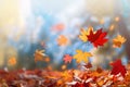 Close up on multicolored maple leaves falling to the ground with vibrant autumn park background out of focus. Generative AI Royalty Free Stock Photo