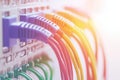 Close up of multicolored network cables connected to a patch panel symbolizing secure data transmission high speed communicatio