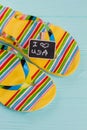 Close-up multicolored sandals with chalkboard on blue desk.