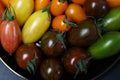 a close up of multicolored tomatoes