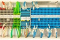 Close up of multicolored wiring connectors or terminal block for industrial electronic with marked cable wires. Royalty Free Stock Photo