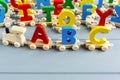 Close up Multicolored wooden letters with ABC on gray background. Set of toys for studying alphabet. Education, back to school Royalty Free Stock Photo