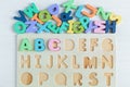 Close up Multicolored wooden letters with ABC on white wooden background. Set of toys for studying alphabet. Education, Royalty Free Stock Photo