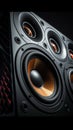 Close-up of a multimedia acoustic sound speaker system, amplifying music on black. Royalty Free Stock Photo