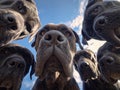 Close-up of multiple cane corso heads, curiously looking down at the camera from a slightly angled perspective The image features Royalty Free Stock Photo