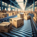 Close-up of multiple cardboard boxes sliding on the conveyor belt in a factory Royalty Free Stock Photo