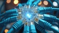 Close up of multiple cat6 ethernet cables with glowing light