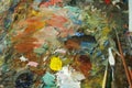 Multiple colors , Palette knives and brushes placed on the palette. Royalty Free Stock Photo