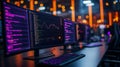 Close up of multiple computer monitors displaying colorful data visualizations and code in modern workspace. vibrant lights create Royalty Free Stock Photo