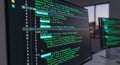 Computer screens displaying lines of green code in a dark room Royalty Free Stock Photo