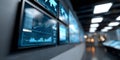 Close-up of multiple digital screens displaying data charts and world maps in a modern control room with blurred background Royalty Free Stock Photo