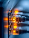 Ethernet cables connected to a network switch with glowing orange indicator lights signaling active data transmission and Royalty Free Stock Photo