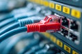Ethernet cables plugged into a network switch with a focus on a red connector highlighting data communication and network Royalty Free Stock Photo