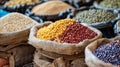 Variety of Grains and Beans in Burlap Sacks. Generative AI Royalty Free Stock Photo
