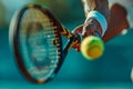 Close-up of muscular hands holding a tennis racket and hitting a ball. The image is generated with the use of an AI.
