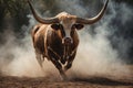 Close up Muscular longhorn bull coming out of smoke bloody. ai generative