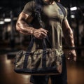 Close-up of a muscular man\'s hand gripping a sports bag in the gym, with a blurred background of weights and gym equipment,