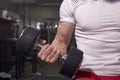 Close up of muscular strong arm, bicep muscle, one man holding dumbbell Royalty Free Stock Photo