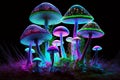 Close up mushroom. Background pattern for design. Beautiful plant neon light. Generative AI illustration