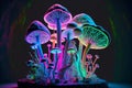 Close up mushroom. Background pattern for design. Beautiful plant neon light. Generative AI illustration