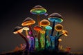 Close up mushroom. Background pattern for design. Beautiful plant neon light. Generative AI illustration