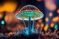 Close up mushroom. Background pattern for design. Beautiful plant neon light. Generative AI illustration
