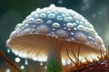 close-up of mushroom cap, with droplets of water beading on the surface