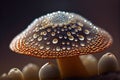 close-up of mushroom cap, with droplets of water beading on the surface