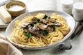 Close-up of Mushroom and Spinach Spaghetti. Parmesan cheese. Royalty Free Stock Photo