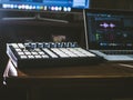 Close up music machine with pads on the table sound work place with laptop external monitor Royalty Free Stock Photo