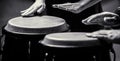 Close up of musician hand playing bongos drums. Afro Cuba, rum, drummer, fingers, hand, hit. Black and white Royalty Free Stock Photo