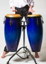 Close up of musician hand playing bongos drums. Drum. Hands of a musician playing on bongs. Performers playing bongo