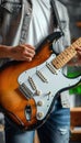 Close up of musician playing guitar in recording studio, immersed in music performance